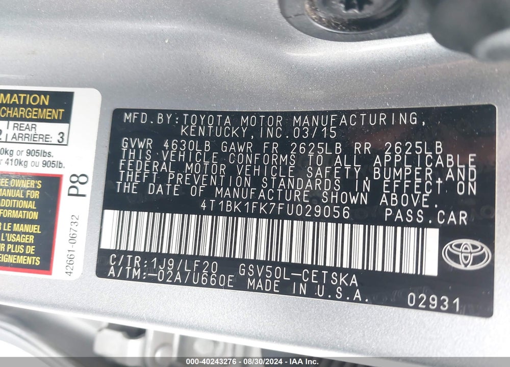 2015 TOYOTA CAMRY XSE V6 VIN: 4T1BK1FK7FU029056