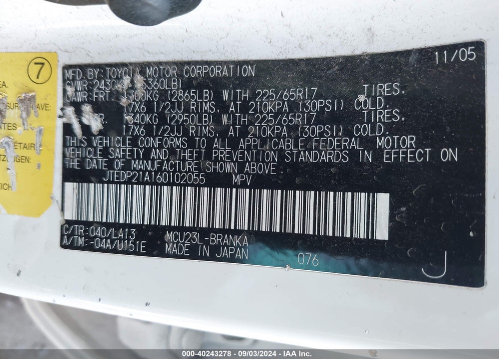 2006 TOYOTA HIGHLANDER LIMITED V6 VIN: JTEDP21A160102055