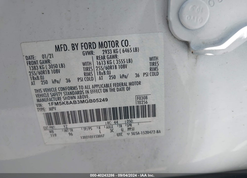 2021 FORD POLICE INTERCEPTOR UTILITY VIN: 1FM5K8AB3MGB05249