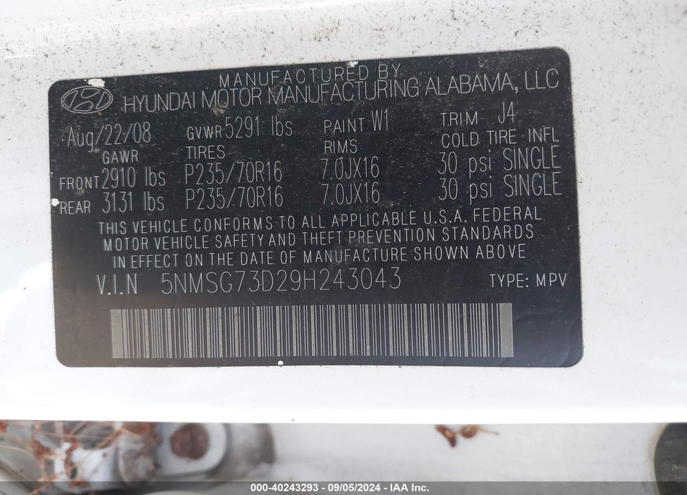 2009 HYUNDAI SANTA FE VIN: 5NMSG73D29H243043