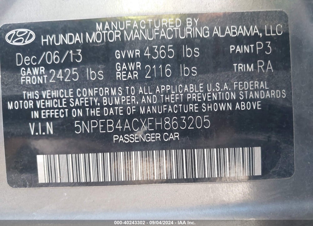 2014 HYUNDAI SONATA GLS VIN: 5NPEB4ACXEH863205