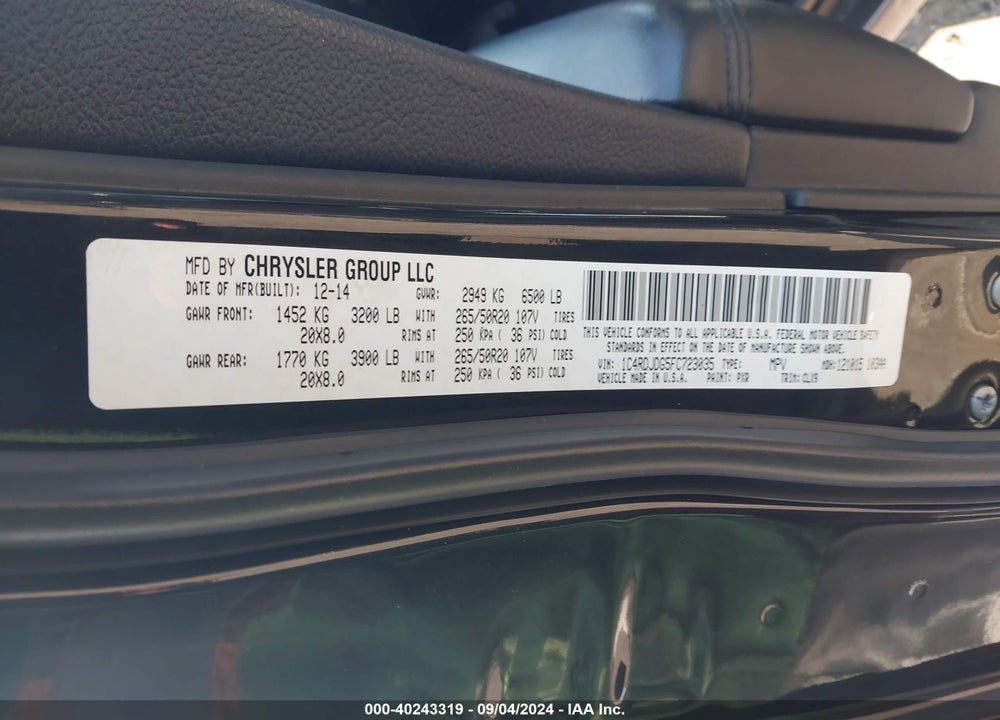 2015 DODGE DURANGO LIMITED VIN: 1C4RDJDG5FC723035