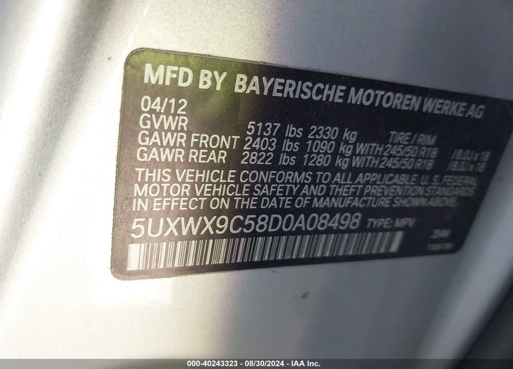 2013 BMW X3 XDRIVE28I VIN: 5UXWX9C58D0A08498
