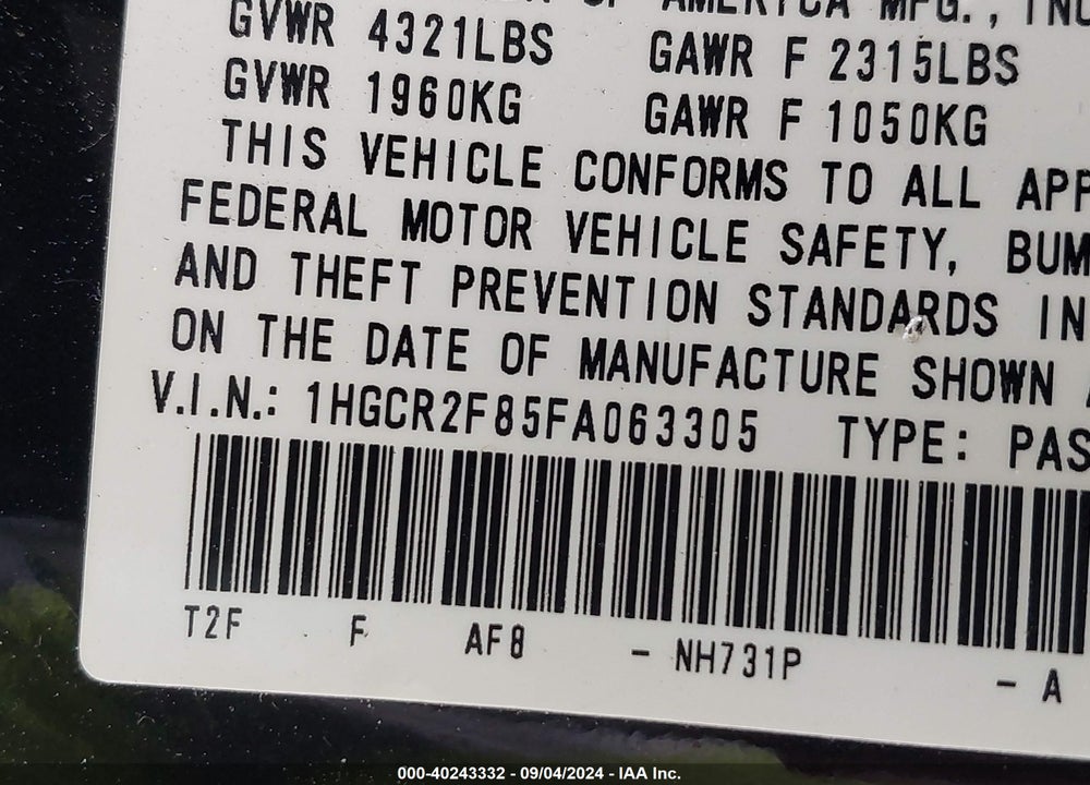 2015 HONDA ACCORD EX-L VIN: 1HGCR2F85FA063305