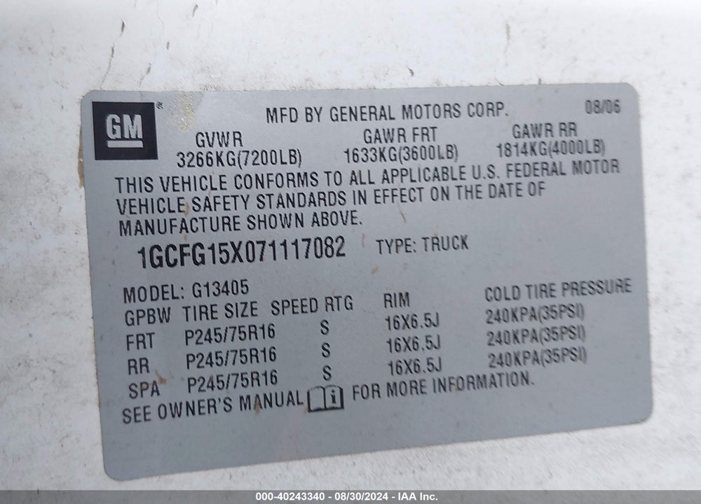 2007 CHEVROLET EXPRESS WORK VAN VIN: 1GCFG15X071117082