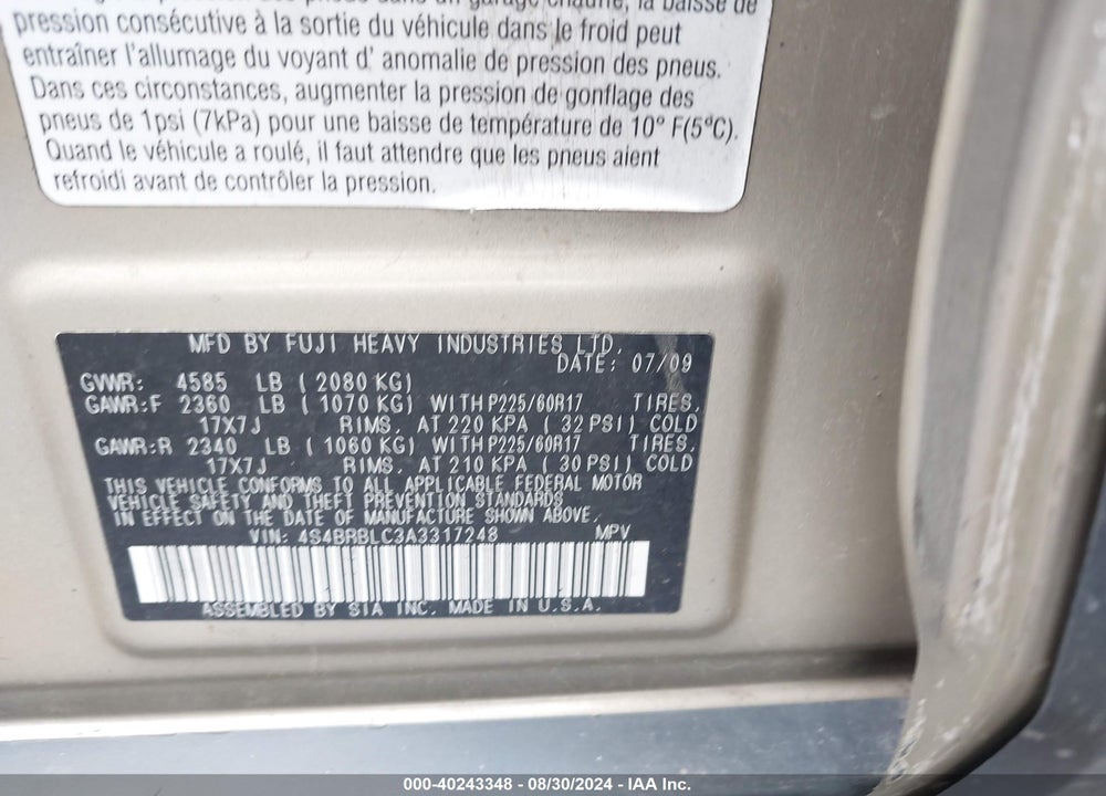 2010 SUBARU OUTBACK 2.5I LIMITED VIN: 4S4BRBLC3A3317248