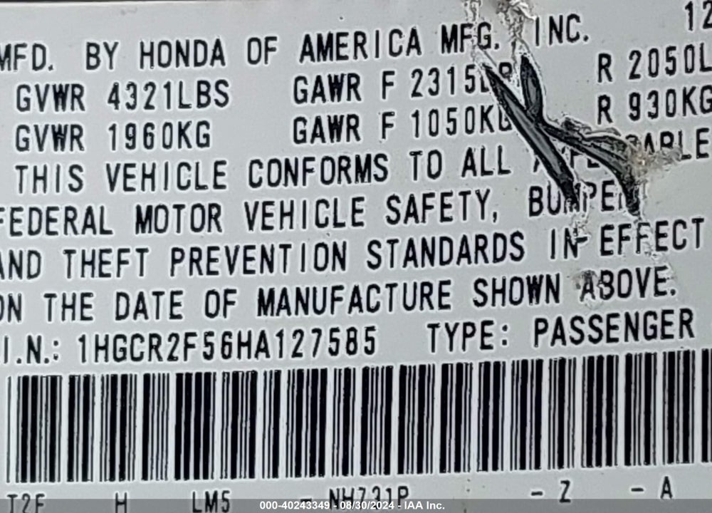2017 HONDA ACCORD SPORT VIN: 1HGCR2F56HA127585