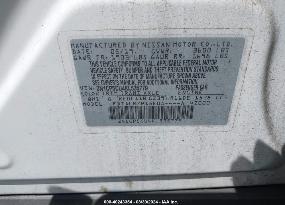 2019 NISSAN KICKS S VIN: 3N1CP5CU4KL535779