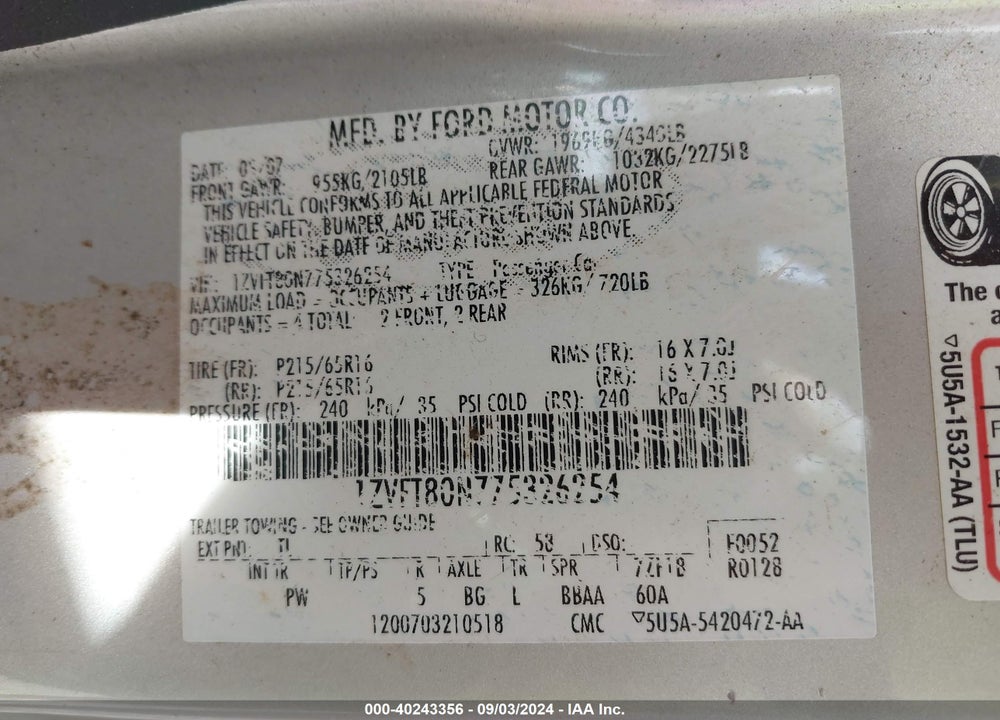 2007 FORD MUSTANG V6 DELUXE/V6 PREMIUM VIN: 1ZVFT80N775326254