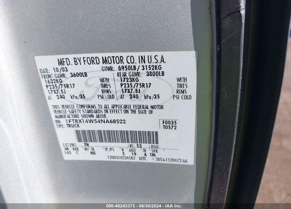 2004 FORD F-150 STX/XL/XLT VIN: 1FTRX14W54NA68522