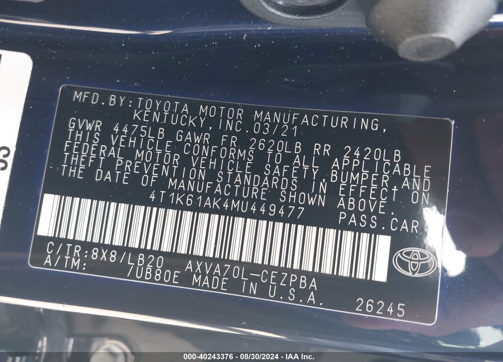 2021 TOYOTA CAMRY XSE VIN: 4T1K61AK4MU449477
