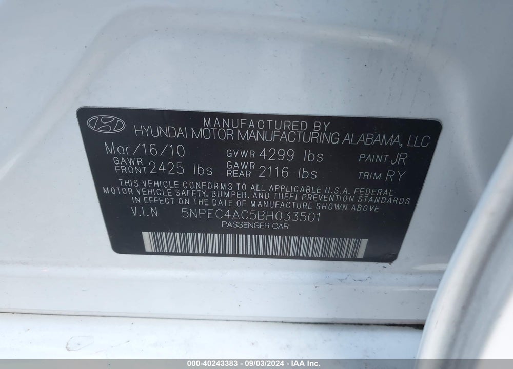 2011 HYUNDAI SONATA LIMITED VIN: 5NPEC4AC5BH033501