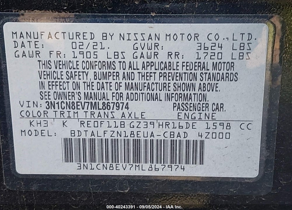 2021 NISSAN VERSA SV XTRONIC CVT VIN: 3N1CN8EV7ML867974