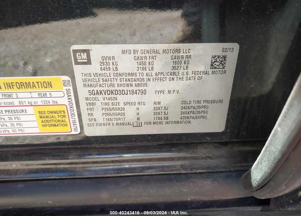 2013 BUICK ENCLAVE PREMIUM VIN: 5GAKVDKD3DJ184790