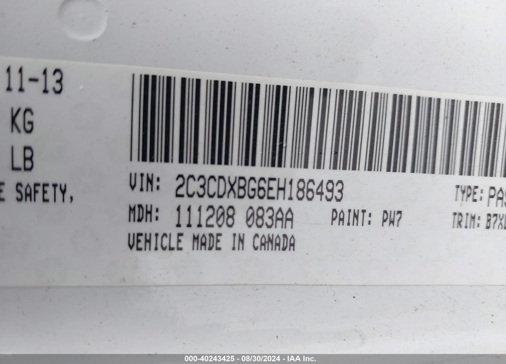 2014 DODGE CHARGER SE VIN: 2C3CDXBG6EH186493