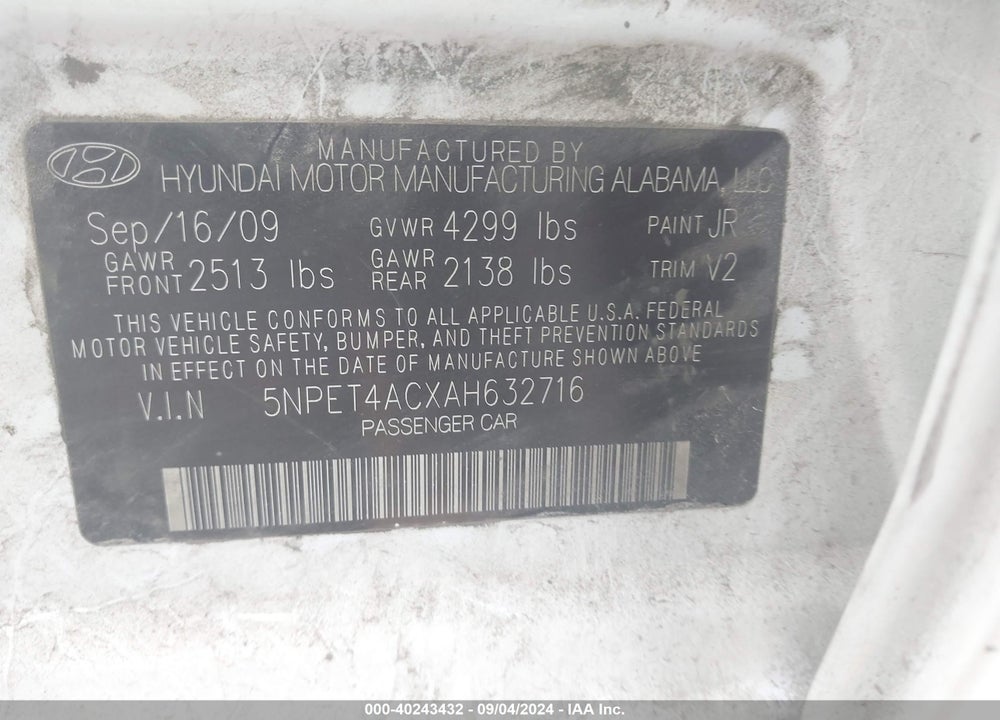 2010 HYUNDAI SONATA GLS VIN: 5NPET4ACXAH632716