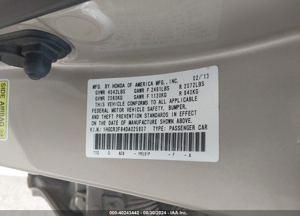 2013 HONDA ACCORD EX-L V-6 VIN: 1HGCR3F84DA025907