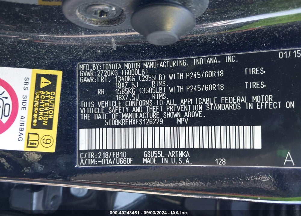 2015 TOYOTA HIGHLANDER LE V6 VIN: 5TDBKRFHXFS126229