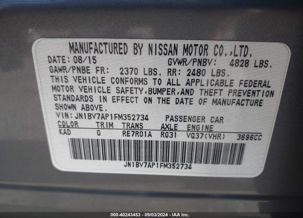 2015 INFINITI Q50 VIN: JN1BV7AP1FM352734