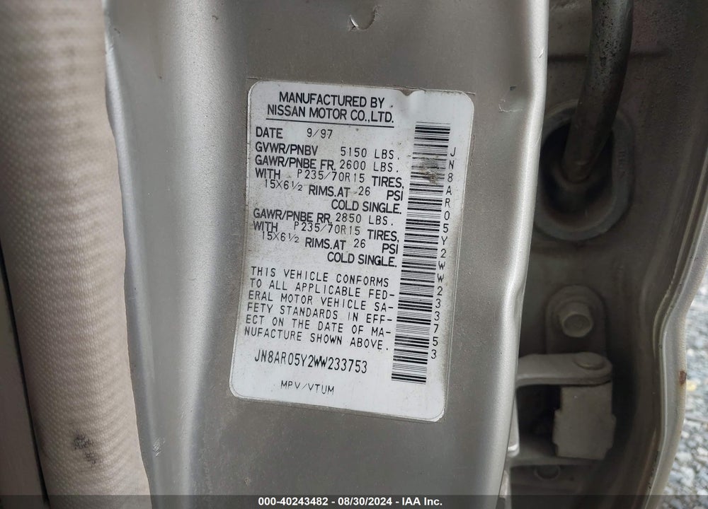 1998 NISSAN PATHFINDER LE/SE/XE VIN: JN8AR05Y2WW233753