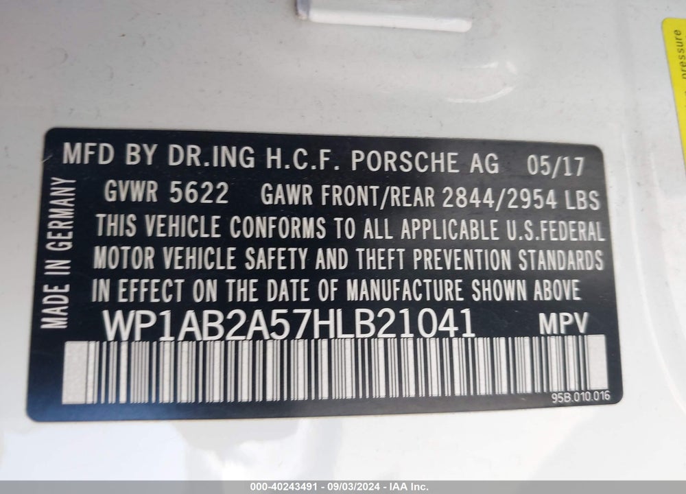 2017 PORSCHE MACAN S VIN: WP1AB2A57HLB21041