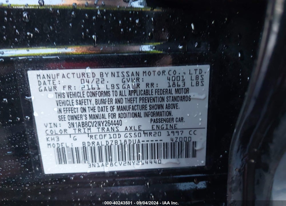 2022 NISSAN SENTRA SV XTRONIC CVT VIN: 3N1AB8CV2NY264440
