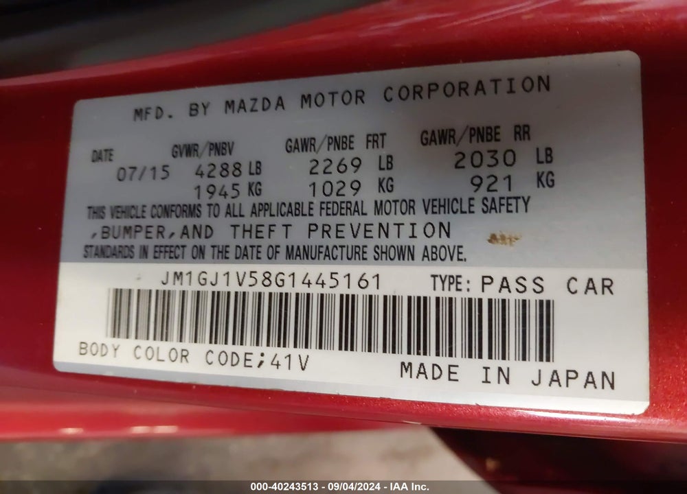 2016 MAZDA 6 I TOURING VIN: JM1GJ1V58G1445161
