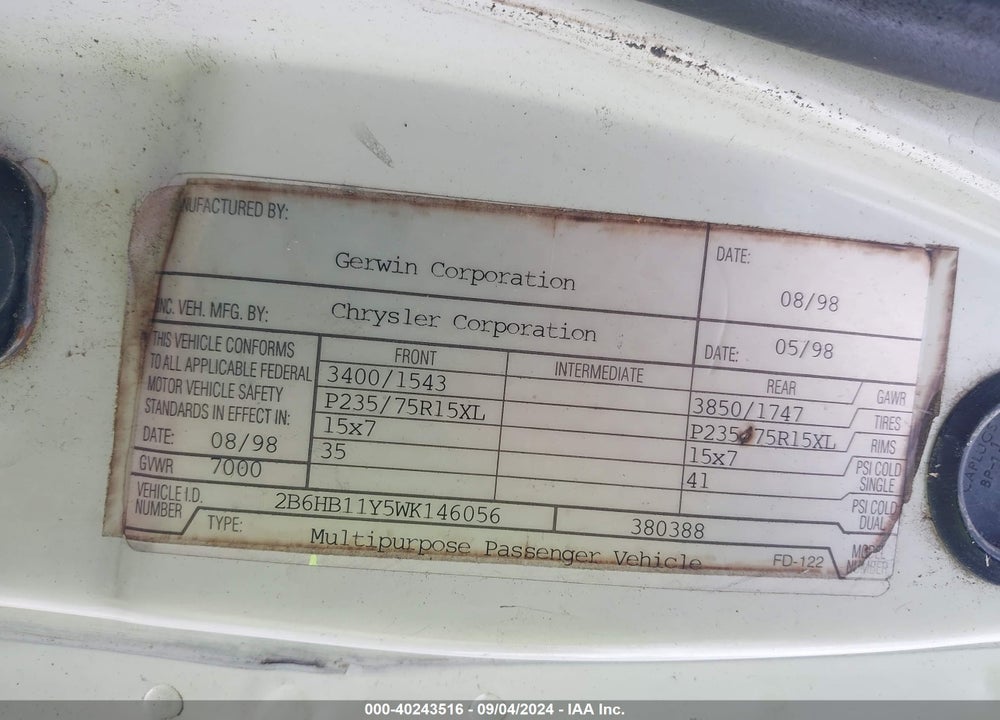 1998 DODGE RAM VAN 1500 COMMERCIAL/CONVERSION VIN: 2B6HB11Y5WK146056