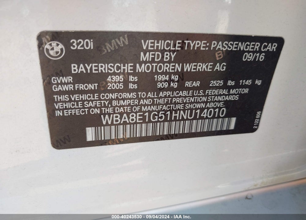 2017 BMW 320I VIN: WBA8E1G51HNU14010