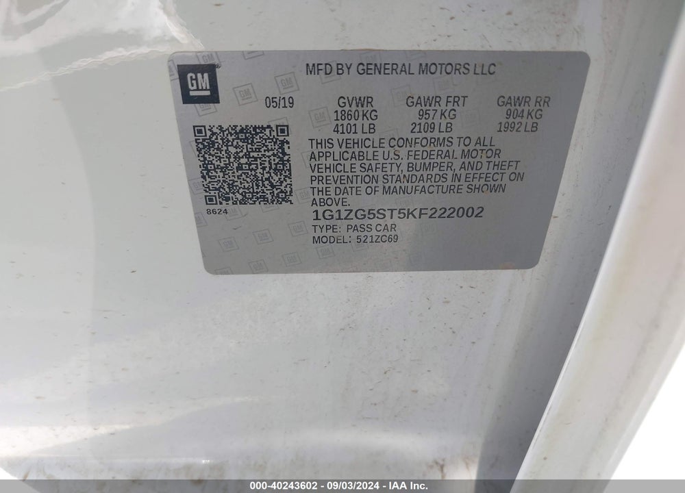 2019 CHEVROLET MALIBU RS VIN: 1G1ZG5ST5KF222002