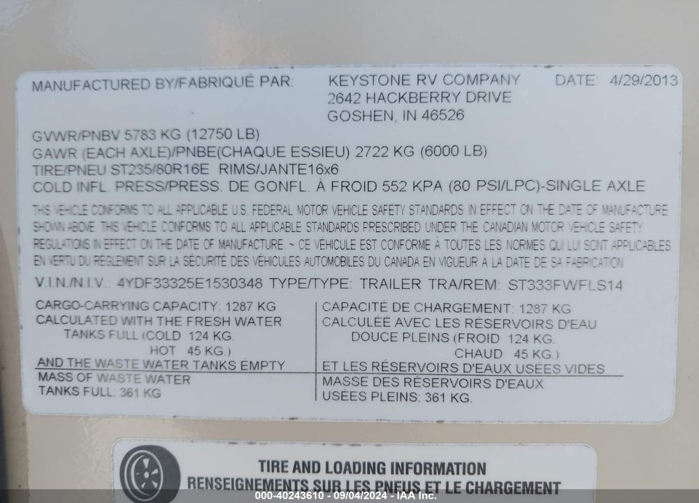 2014 KEYSTONE R SPRINTER C VIN: 4YDF33325E1530348