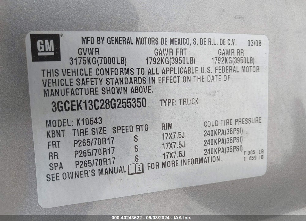 2008 CHEVROLET SILVERADO 1500 LT1 VIN: 3GCEK13C28G255350