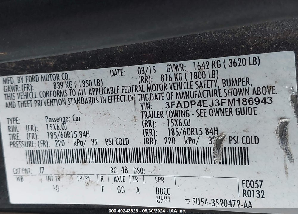 2015 FORD FIESTA SE VIN: 3FADP4EJ3FM186943