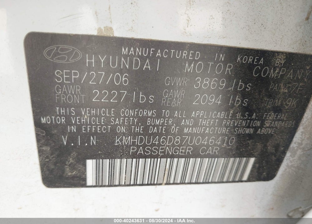 2007 HYUNDAI ELANTRA GLS/LIMITED/SE VIN: KMHDU46D87U046410