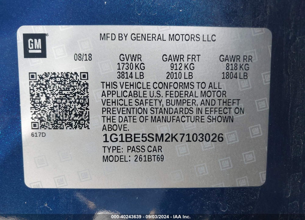 2019 CHEVROLET CRUZE LT VIN: 1G1BE5SM2K7103026