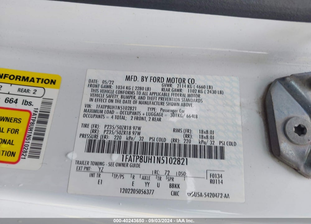 2022 FORD MUSTANG ECOBOOST PREMIUM VIN: 1FATP8UH1N5102821