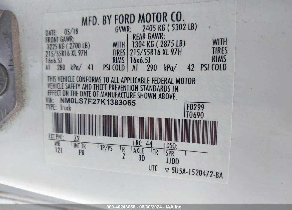 2019 FORD TRANSIT CONNECT XLT VIN: NM0LS7F27K1383065
