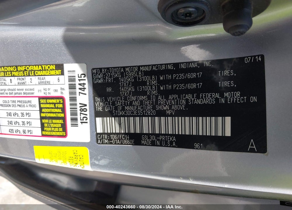 2014 TOYOTA SIENNA LE V6 8 PASSENGER VIN: 5TDKK3DC3ES512820