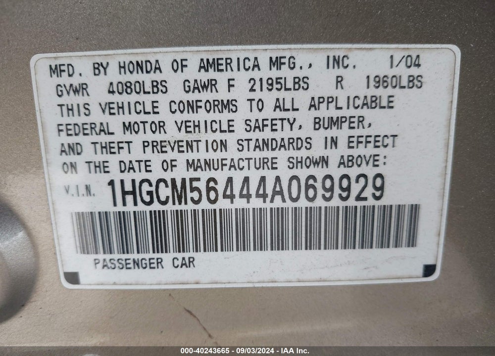 2004 HONDA ACCORD 2.4 LX VIN: 1HGCM56444A069929