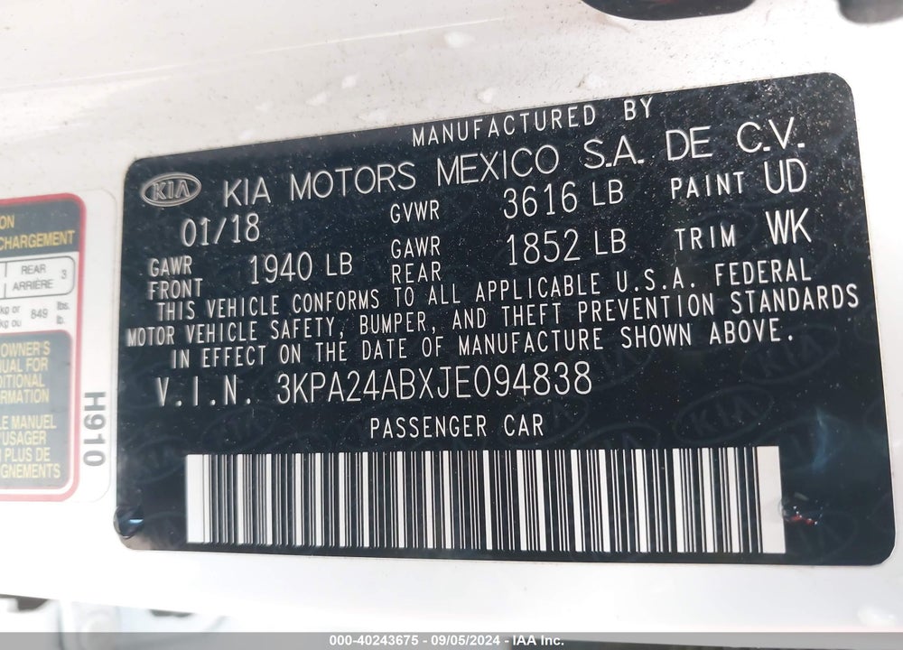 2018 KIA RIO S VIN: 3KPA24ABXJE094838