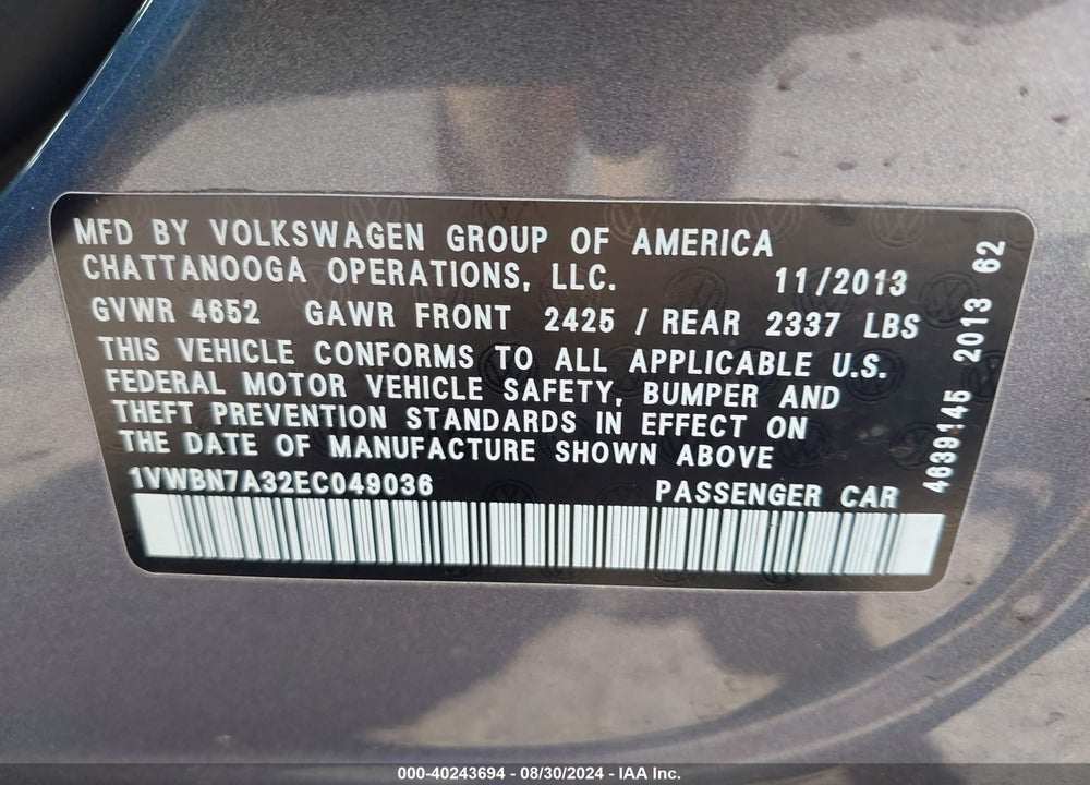 2014 VOLKSWAGEN PASSAT 2.0L TDI SE VIN: 1VWBN7A32EC049036