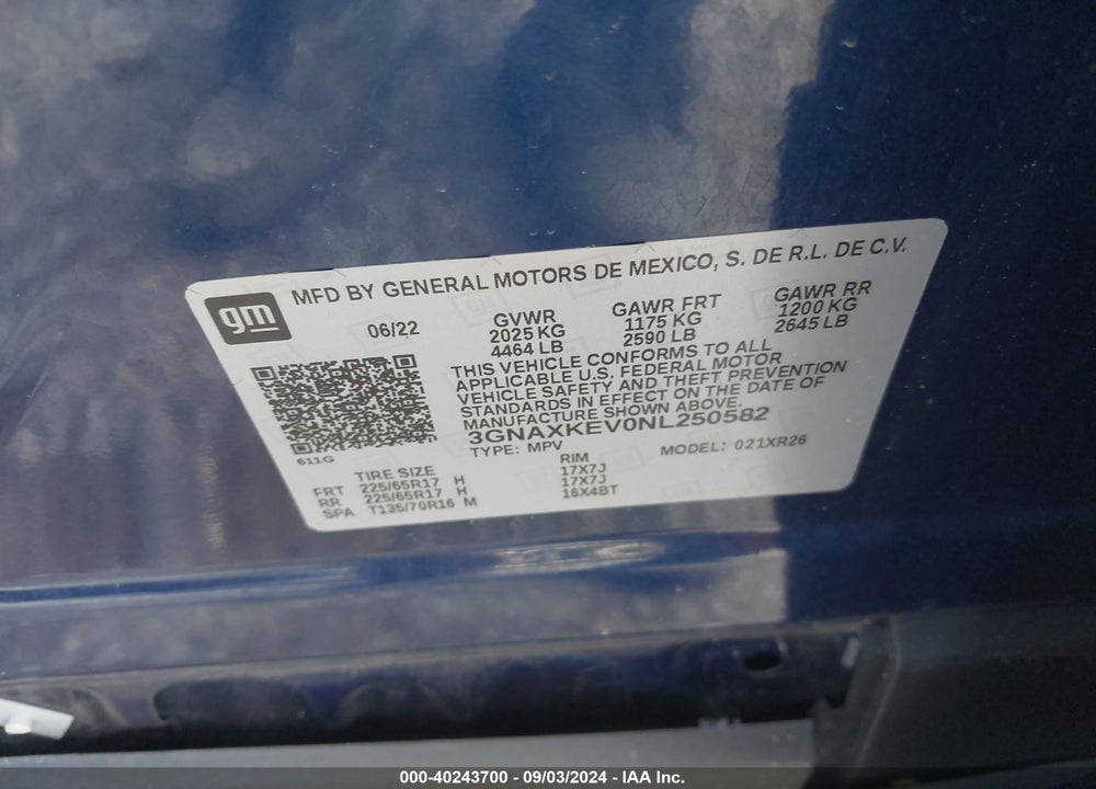 2022 CHEVROLET EQUINOX FWD LT VIN: 3GNAXKEV0NL250582