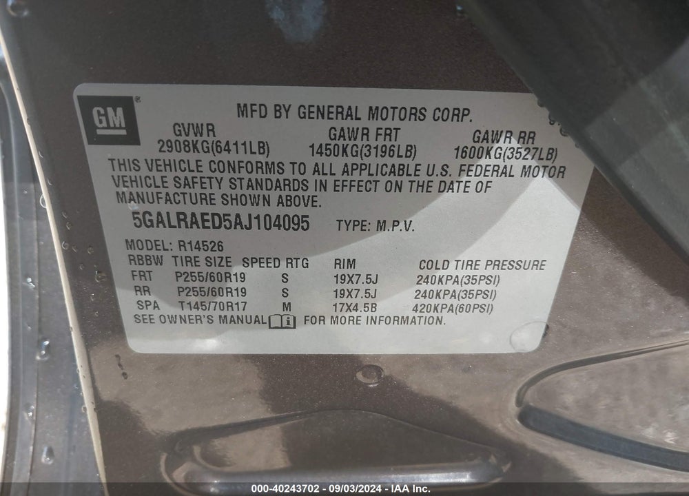 2010 BUICK ENCLAVE CX VIN: 5GALRAED5AJ104095