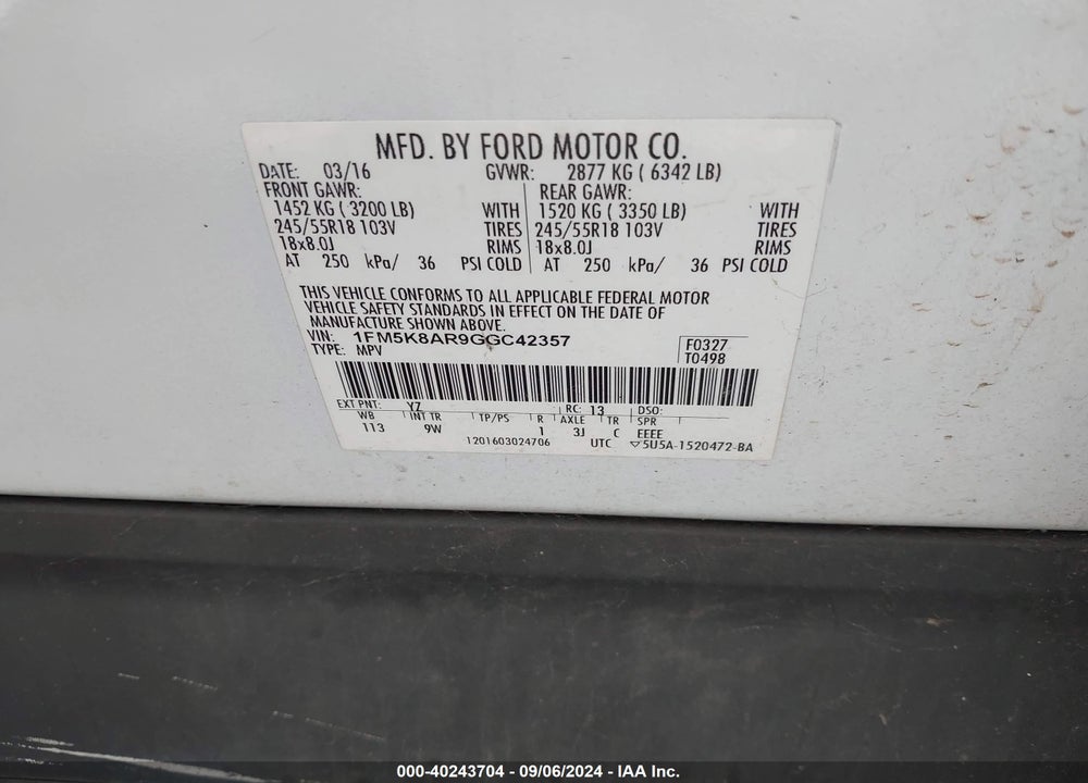 2016 FORD UTILITY POLICE INTERCEPTOR VIN: 1FM5K8AR9GGC42357