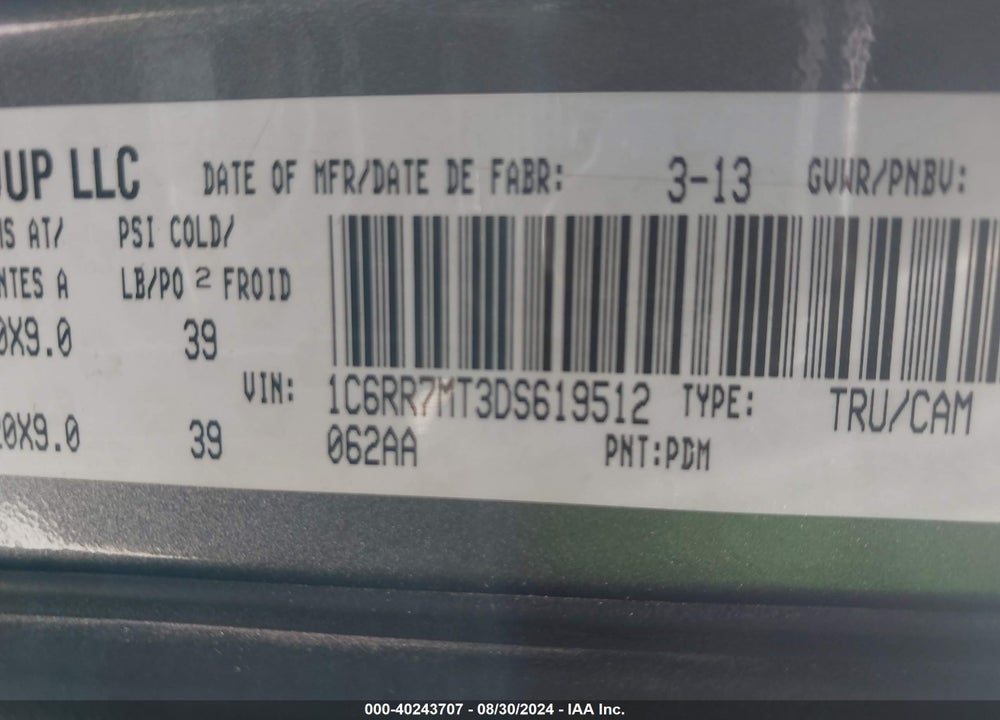 2013 RAM 1500 SPORT VIN: 1C6RR7MT3DS619512
