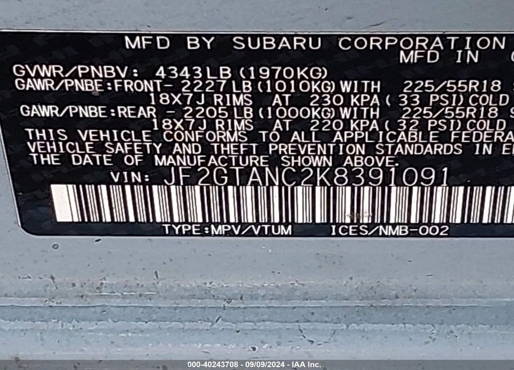 2019 SUBARU CROSSTREK 2.0I LIMITED VIN: JF2GTANC2K8391091