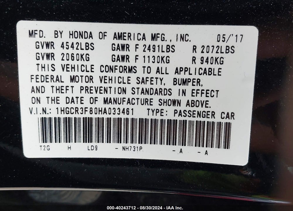 2017 HONDA ACCORD EX-L V6 VIN: 1HGCR3F80HA033461
