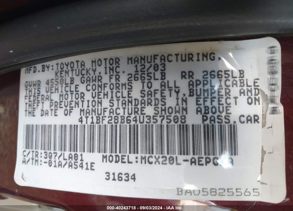 2004 TOYOTA AVALON XLS VIN: 4T1BF28B64U357508