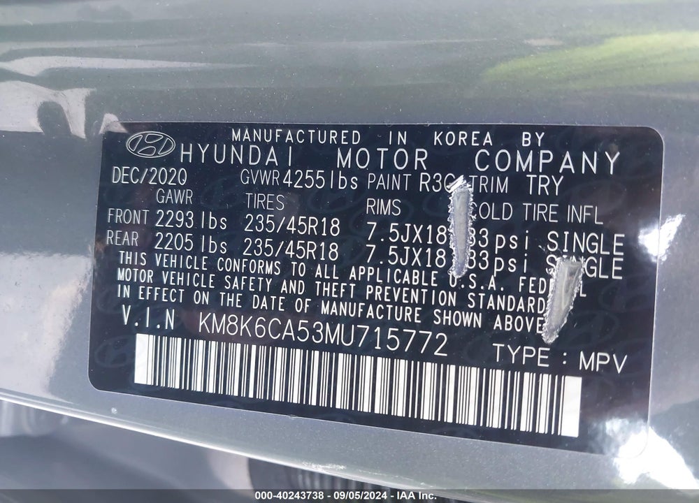 2021 HYUNDAI KONA NIGHT VIN: KM8K6CA53MU715772