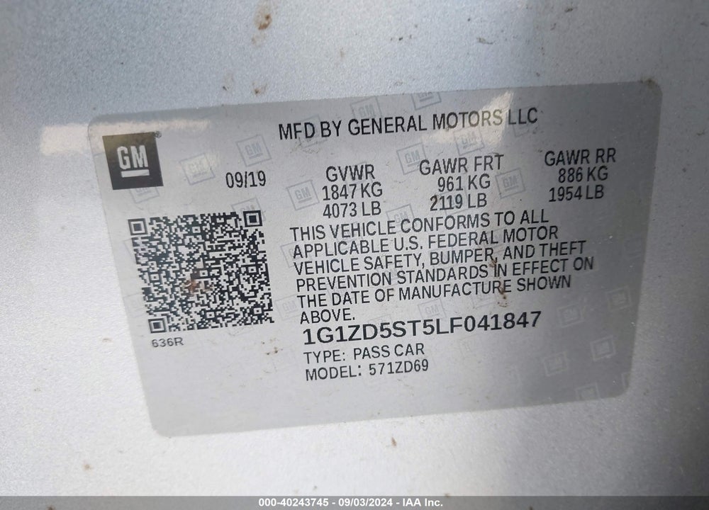 2020 CHEVROLET MALIBU FWD LT VIN: 1G1ZD5ST5LF041847